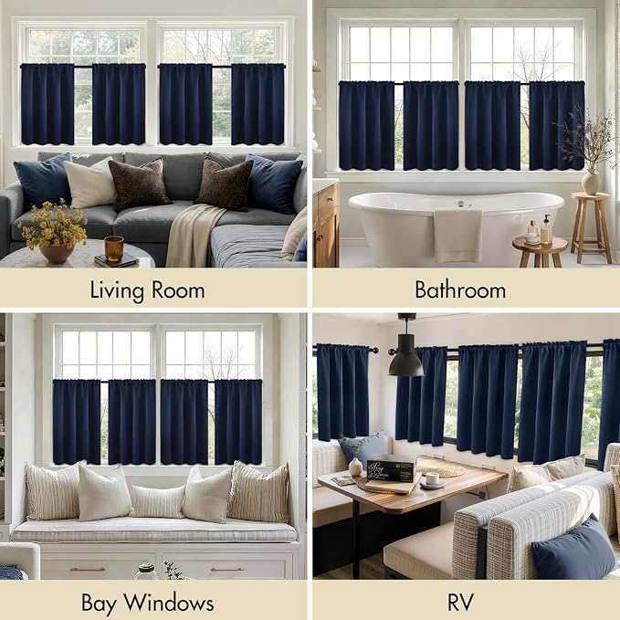 MIULEE Set of 4 Navy Blue 45 Inch Short Blackout Kitchen Window Curtains | Bedroom Drapes, Light Blocking Privacy Curtains for Small Windows, Bathroom, RV/Motorhome, Laundry, Top&Bottom Rod Pocket