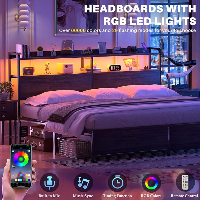 Aheaplus Headboard for King Size Bed Frame, Headboards with Outlets, USB Ports and LED Light, Head Board with Storage, Height Adjustable, Sturdy and Stable Headboard, King Size, Black Oak