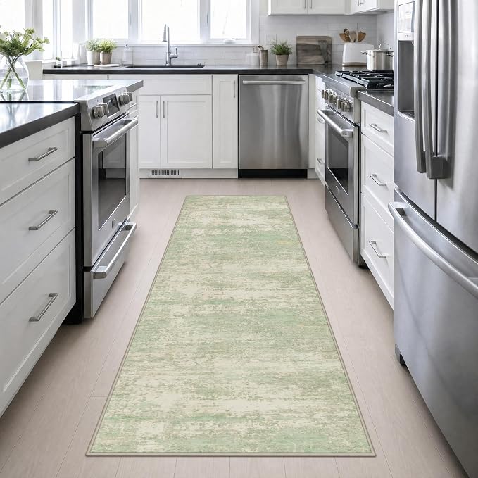 3x10 Washable Runner Rug：Modern Abstract Soft Carpet Green Cream | For Hallway, Bedroom, Kitchen, Laundry, Bathroom,Door Mat,Modern Abstract,Machine washable,Non-Slip,Stain Resistant,Indoor