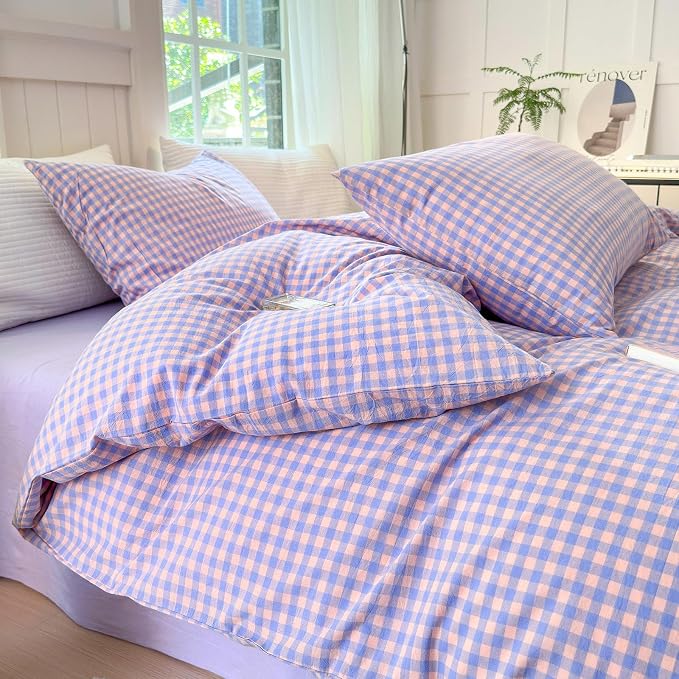LifeTB Purple Gingham Comforter Queen Comforter Set Fluffy Soft Plaid Checkered Pattern Comforter Purple Pink Gingham Bedding Set Farmhouse Grid Plaid Comforter Set for All Seasons Queen Size