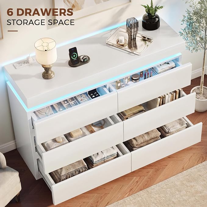 6 Drawer Dresser with LED Lights and Charging Station, Modern White Dresser | RGB Lights with App and Remote Control, Music Sync Mode, 6 Spacious Drawers and Durable MDF Storage for Bedrooms or Closets