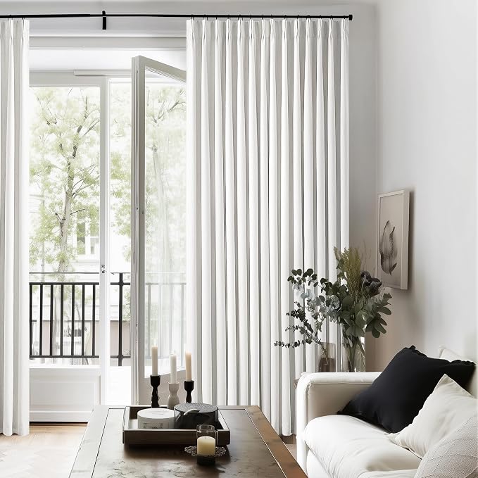 Off White Pinch Pleated 100% Blackout Curtains 102 Inches Long | Linen Blend Window Curtains with Dual Layer, for Bedroom Living Room, Thermal Insulated, Back Tab Pinch Pleat Drapes Ivory