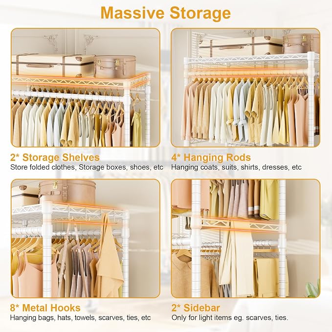 Rolling Clothes Rack, Clothing Racks for Hanging Clothes, White | P4 Plus Heavy Duty Garment Rack with Wheels, Free Standing Portable Closet Racks 45''W × 20.5''D × 80.5''H, Max Load 570 Lbs