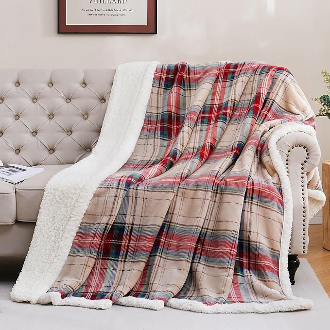 PU MEI Sherpa Fleece Throw Blanket 80" x 90" Reversible Plush Fluffy Large Big Blanket Lattice Flannel Blankets for All Season Use, Chrismas Red