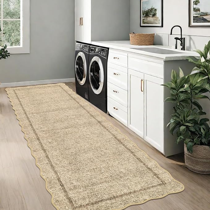 GarveeHome Scalloped Washable 2x6 ft Modern Kitchen Runner Rug Non Slip | Farmhouse Entryway Rug Soft Bathroom Rugs Stain Resistant Carpet for Laundry Bedroom 2 ft x6 ft Jute