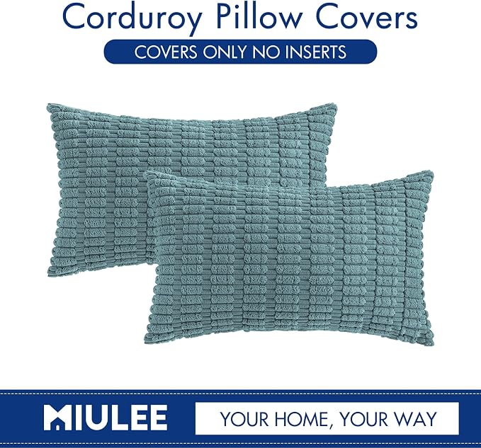 MIULEE Lumbar Corduroy Decorative Throw Pillow Covers 12x20 Coastal Blue | Pack of 2 Soft Boho Striped Pillow Covers Modern Farmhouse Home Decor For Sofa Living Room Couch Bed