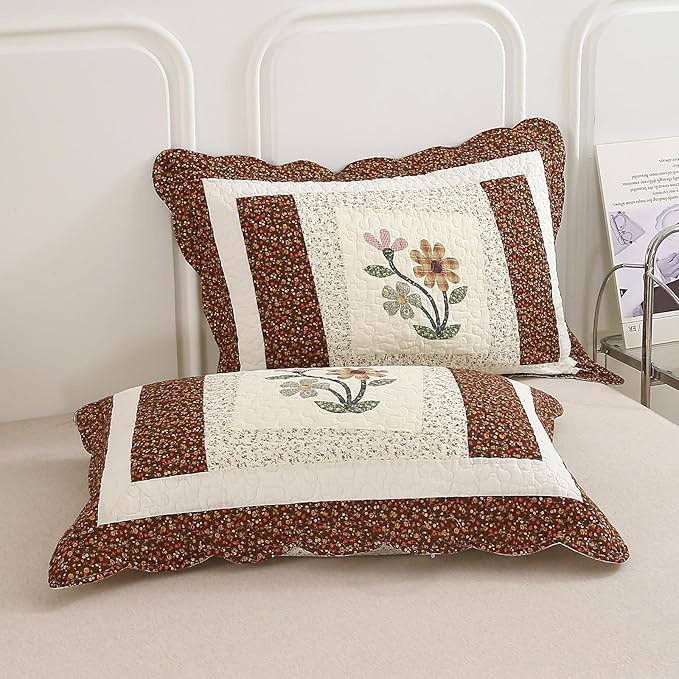 vctops 2 Piece Embroidered Floral Quilted Bedspread Quilt Set 100% Cotton Reversible Patchwork Coverlet Set 1 Quilt and 1 Pillow Sham (Coffee,Twin)