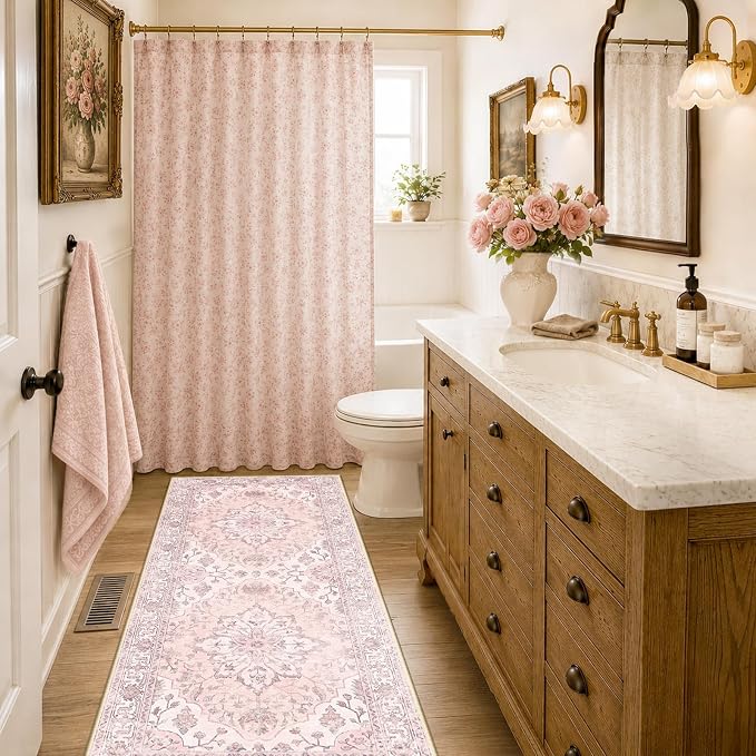 RELEANY Washable Area Rug, Runner 2'x6', Pink | Non-Slip, Water Repellent, Pet Friendly, Easy to Clean, Vintage Floral Boho Decor for Kitchen Entry Bedroom Bedside Laundry