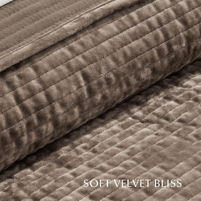 EverGrace Striped Channel Velvet Quilt Set, Queen Size, Natural Tan | Luxurious Soft Lightweight Velvet Comforter, Oversized Bedspread Coverlet, Quilted Bedding Set for All Season, with 2 Shams