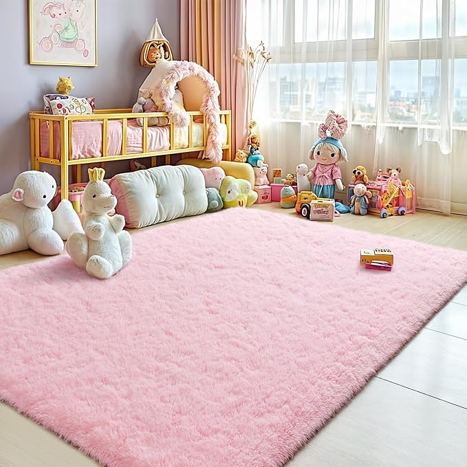 Modern Soft Fluffy Small Shaggy Rug for Bedroom Livingroom Dorm Kids Room Indoor Home Decorative, Non-Slip Plush Furry Fur Area Rugs Comfy Nursery Accent Floor Carpet 5X7 Feet,Pink