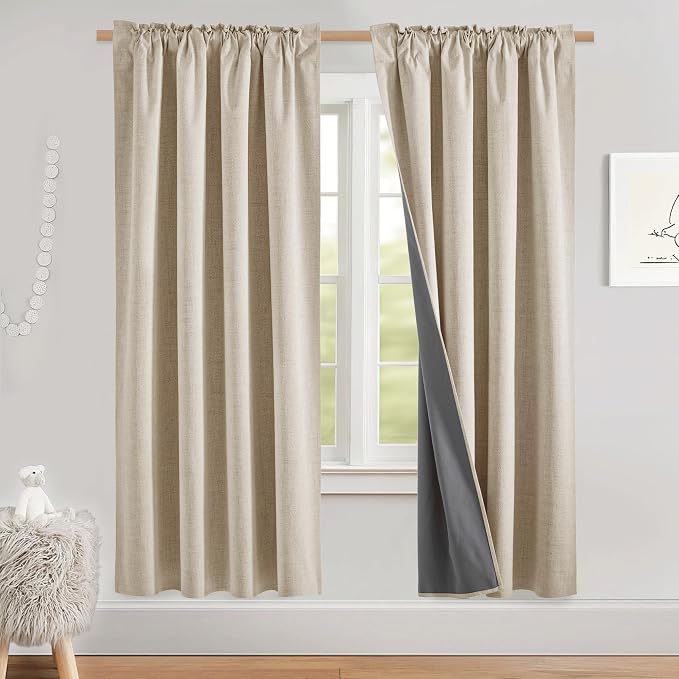 NICETOWN 100% Black Out Linen Curtains 72 inch Long 2 Panels, Beige | Thick Flax, Thermal Insulated, Rod Pocket & Back Tab, Full Light Blocking Draperies for Baby Nursery, Each W52 by L72-inch