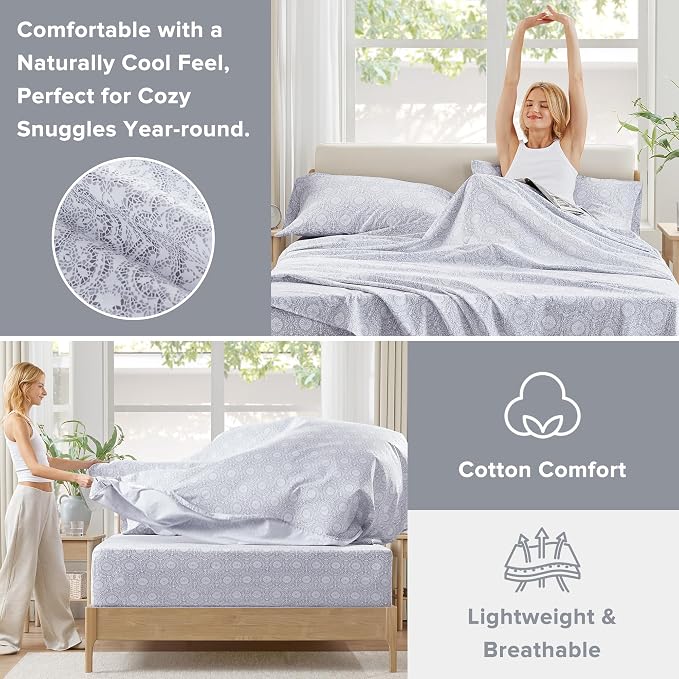 Comfort Spaces 100% Cotton Percale Sheets Twin Sheet Set 3 Pcs, Adelia Gray | Crisp, Cool & Breathable Bed Sheets, 12" Deep Pocket Fits Up to 14" Mattress, Lightweight, All Season Cozy, with Pillow Case