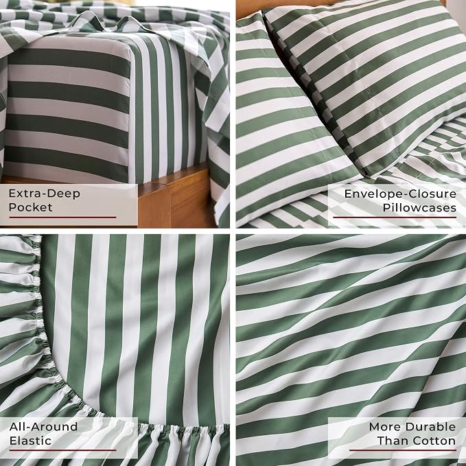 Mellanni Iconic 4-PC, Ultra Soft Sheet Set (Cal King, Oxford Stripe Sage) | 10M+ Sleepers. Lab-tested: Sleeps Cool, Stays Bright, Strong, Smooth. Good Housekeeping Best Bedding, 7 yrs running.