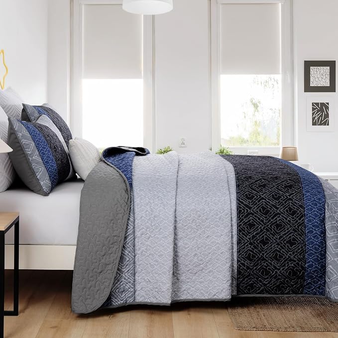 Cottolester Quilts Queen Size,3 Pieces Boho Gray Blue Striped Bedspread Set | Farmhouse Patchwork Bedspreads Covrtlet Set for Men Women,Soft Microfiber Lightweight Quilt Bedding Set Set for All Season