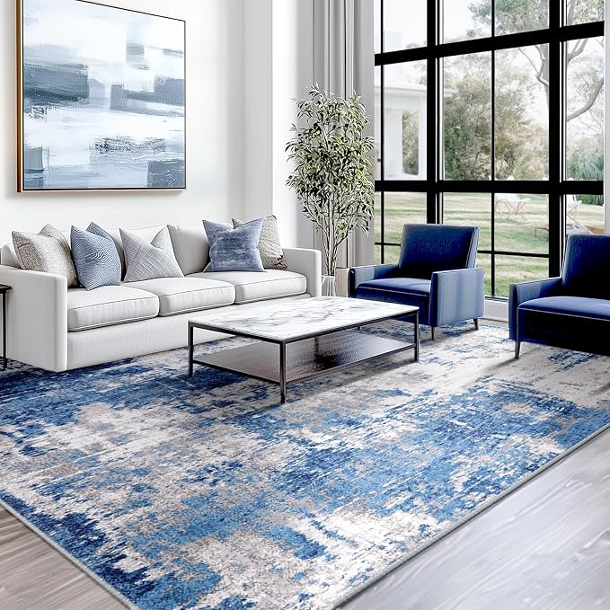 RELEANY Washable Square 8'x8' Area Rug for Living Room Blue Gray | Carpet for Bedroom, Kitchen, Office, Hallway and Entryway, Printed Pattern, Non‑Slip, Soft, Stain‑Resistant, Easy to Clean