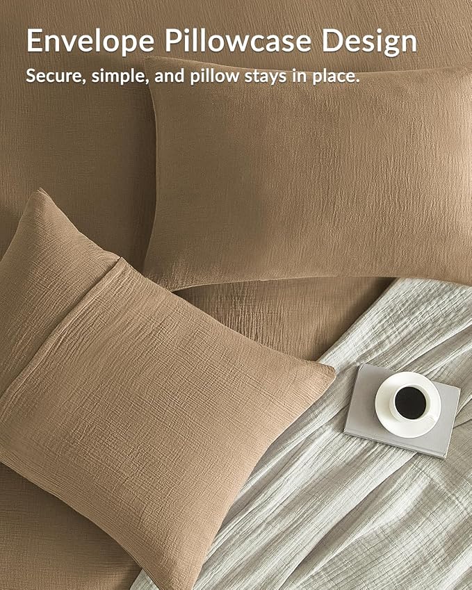 SE SOFTEXLY Muslin Duvet Cover King Size, 100% Washed Cotton Duvet Cover Set, Ultra Soft Comforter Cover Linen Like, 3 Pieces Minimalist Gauze Duvet Cover with 2 Pillowcases, 90"x104", Light Brown