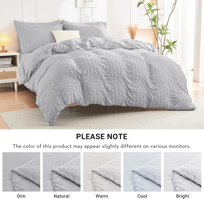 HYMOKEGE Light Grey King Size Comforter Set Seersucker 7 Pieces, All Season Luxury Bed in a Bag for Bedroom, Bedding Set with Comforters, Sheets, Pillowcases & Shams