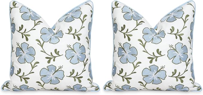 Hofdeco Premium Coastal Patio Indoor Outdoor Throw Pillow Cover Only, 18"x18" Water Repellent for Backyard, Couch, Baby Blue Green Embroidered Hibiscus Floral with Piping (Pack of 2)