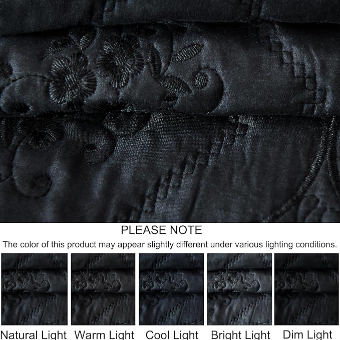 Cmfshape Floral Embroidery Quilt Set,3 Pieces Queen Quilt Bedding Set,Classic Diamond Pattern Quilts,Ultra Soft Lightweight Reversible Bedspread Coverlets for All Season(Black,90"x90")