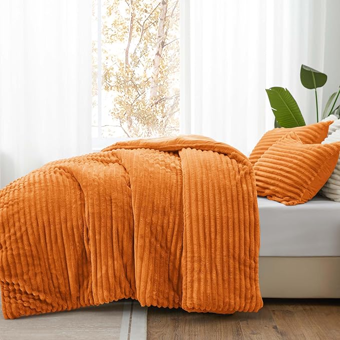 BEDELITE Fleece Twin/Twin XL Comforter Set, Fluffy Bed Set, Burnt Orange | Super Soft & Warm Bedding, Luxury Fuzzy Faux Fur Comforter for Winter, Heavy Plush Bedding, with 1 Pillowcase