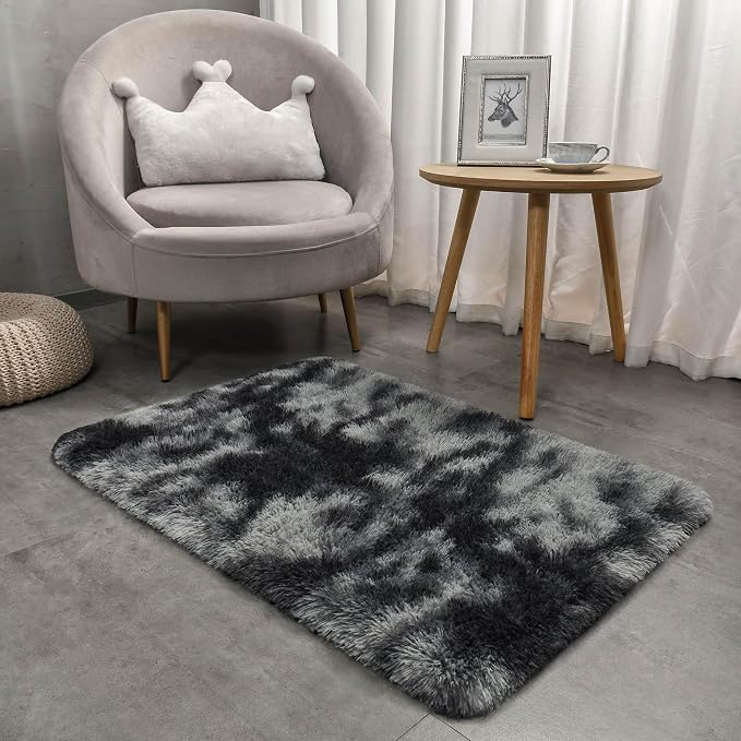 2x3 Small Rug for Bedroom Livingroom Mini Space Home Decor, Modern Indoor Shaggy Plush Fluffy Furry Fur Rugs Comfy Nursery Kids Room Floor Carpet, Tie-Dyed Black & Grey