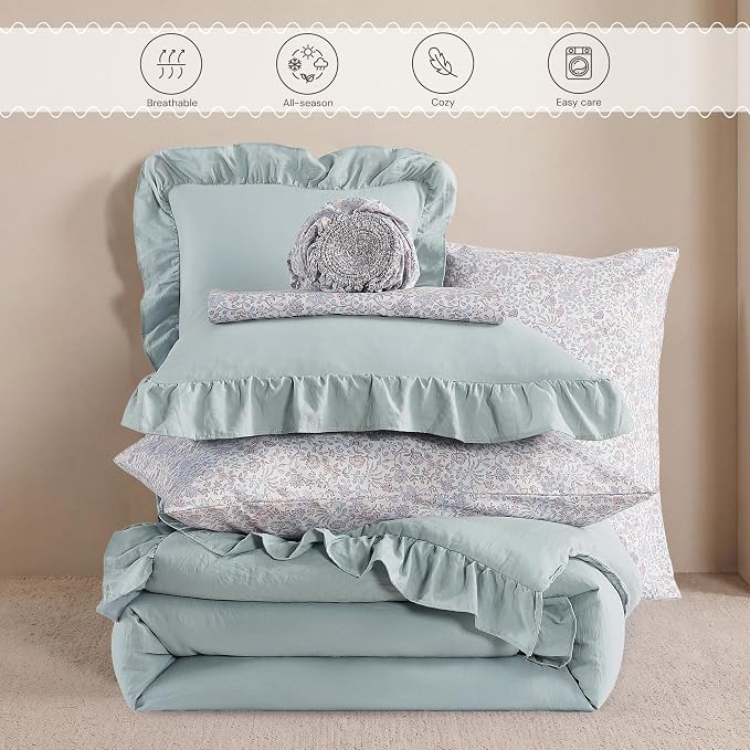 King Size Comforter Set-7 Pieces Ruffle Bedding Floral Sheet | Blue Vine Bed in a Bag, Soft Lightweight All Season Farmhouse King Size Bedding Sets with Floral Sheets, Pillowcases & Shams