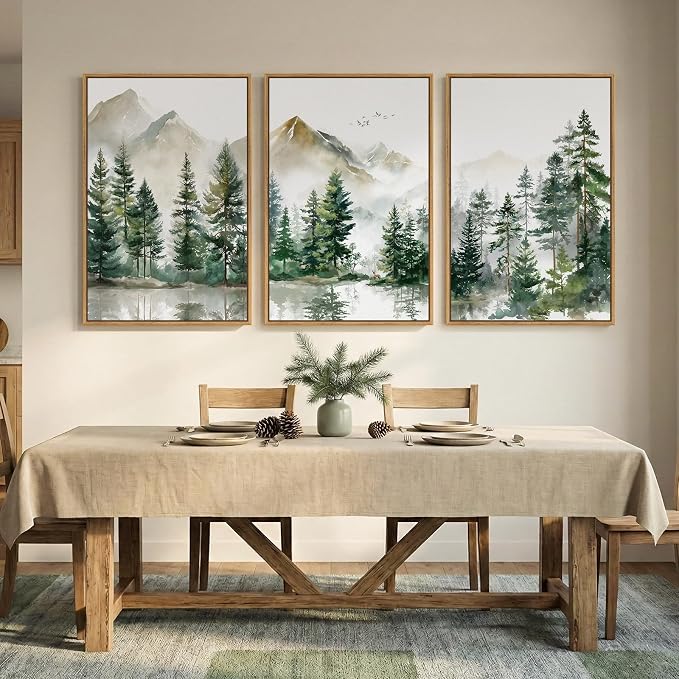 Framed Forest Mountain Wall Art for Living Room, 3 Piece Green Pine, 24x36 | Watercolor, Nature, Pine tree print, Foggy scenic, Landscape, Minimalist, Bedroom decor, Home office, Hallway, Canvas artwork