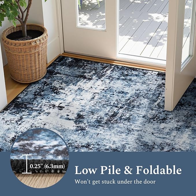 Rugflix 4x6 Area Rugs for Living Room, Washable Navy Blue Dark Rug | Machine Washable; Stain-Resistant; Low Pile; Non-Slip; Modern Abstract; Black Carpet for Bedroom Dining Office Nursery Home