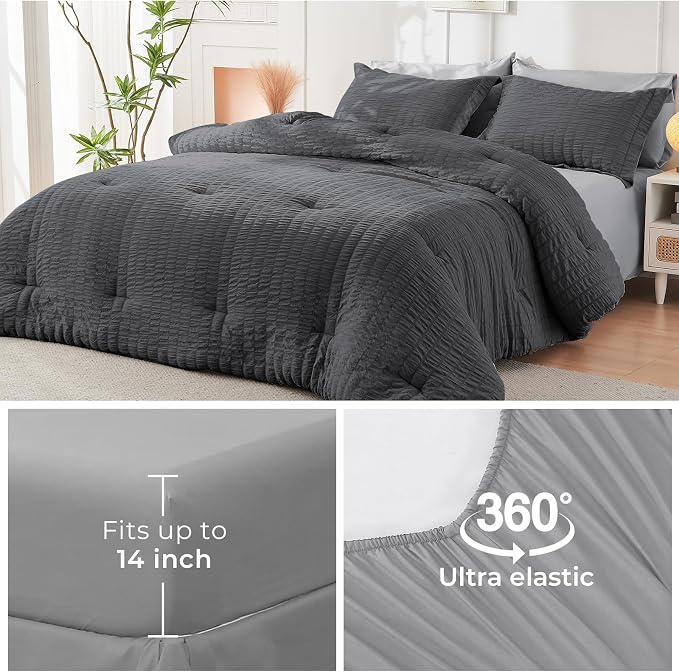 HYMOKEGE Dark Grey/Light Grey Oversized King Comforter Set Seersucker 7 Pieces, All Season Luxury Bed in a Bag for Bedroom, Bedding Set with Comforter, Sheets, Pillowcases & Shams