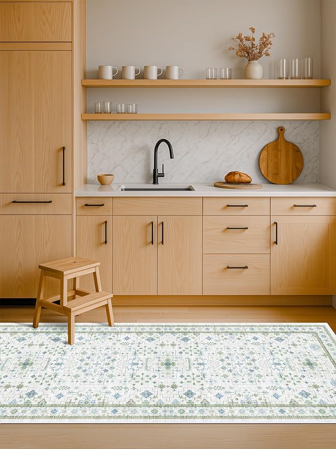 Washable Oushak Bathroom Runner Rug 2x5 - Eclectic Boho Floral Pastel, Non Slip Low Pile Stain Resistant Small Throw Rug for Bedroom, Laundry Room, Powder Room, Cream Green