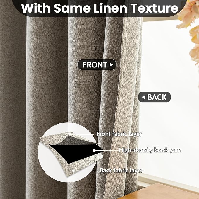 COSVIYA 100% Blackout Natural Linen Curtains & Drapes 84 Inch Length | Light Blocking Full Room Darkening Grommet Insulated Thermal Window Panels for Bedroom/Living Room,52x84 inches,2 Panels
