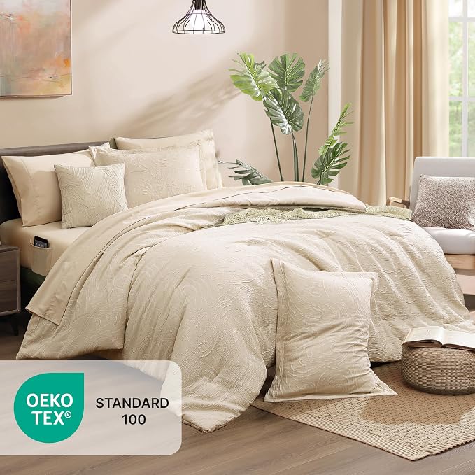Monbix King Size Comforter Set 7 Pieces Birch Marble Bed in a Bag | Lightweight All Season Bedding Sets with Comforter, Sheets, Pillowcases & Shams