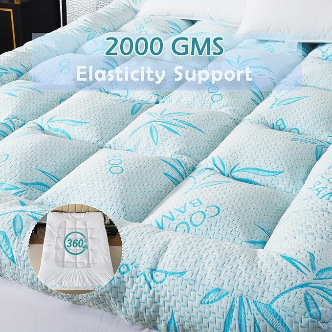 WhatsBedding 5 Inch Full Mattress Topper Breathable Bamboo Viscose Air Layer,Memory Foam Mattress Topper Full Size Blue.