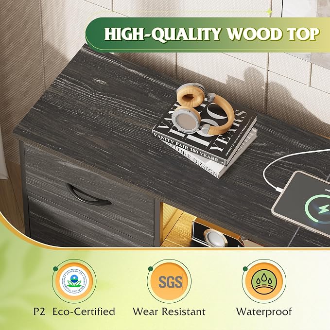WLIVE Dresser TV Stand for 65 Inch TV, 8 Drawers, LED, Black Wood Grain | Fits TVs up to 65 inch, 8 fabric drawers, Built-in power outlet, Chest of drawers, Living room or bedroom