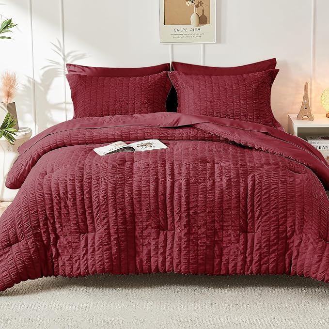 HYMOKEGE Burgundy Queen Comforter Set Seersucker 7 Pieces, All Season Luxury Bed in a Bag for Bedroom, Bedding Set with Comforters, Sheets, Pillowcases & Shams