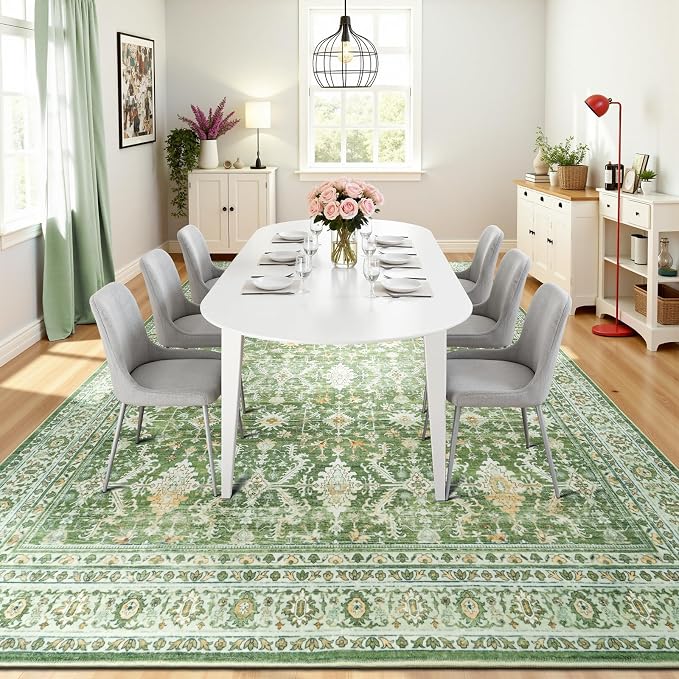 8x10 Area Rugs for Living Room, Washable Large Carpet, Light Green | Soft Rug for Bedroom, Dining Room, Home Office, Indoor, Nursery, Stain Resistant, Non-Slip, Low Pile,Vintage Distressed Rug