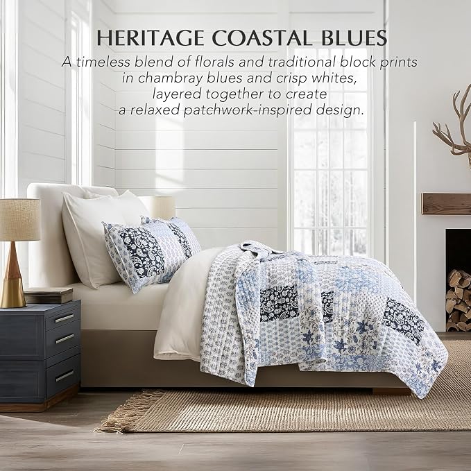 EverGrace 100% Cotton Patchwork Quilt Set, King Size, Coastal Blue 110"×92" | Reversible Lightweight Bedspread Coverlet, Printed Patchwork Bedding Set, Traditional Block Print Quilt with 2 Pillow Shams