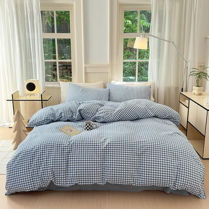 LifeTB Twin XL Comforter Set Blue Gingham Comforter with 2 Pillowcases Modern Plaid Grid Pattern Comforter Set for Men Boys Fluffy Soft Lightweight Bedding Boho Plaid Checkered Comforter Twin XL