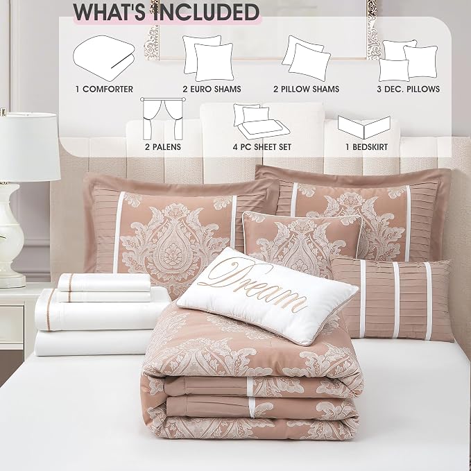 Blush Queen Comforter Set, 15 Pieces, Damask Jacquard Woven, Bedding Set with Sheets, Room in a Bag, Comforter, Bed Skirt, Pillow Shams and Decor Pillows, Curtains