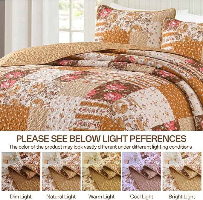 Quilt Set Queen Size, Brown Orange Patchwork Fall Bedding Set | Farmhouse Floral Plaid Bedding Set with Red Flower Pattern, 3 Pieces Soft Microfiber Reversible Bed Cover for All Season
