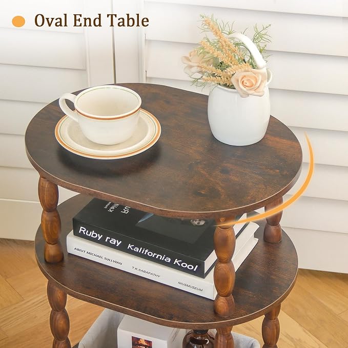 MaxSmeo Side Table, 3-Tier Small End Table, Modern Oval Night Stand Accent Table for Living Room, Bedroom, Rustic Brown