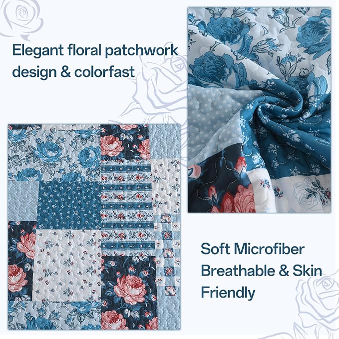 Anibedding Quilt Set King Size, 3 Pieces Blue Floral Patchwork Bedspread with Red Flower Pattern Coverlet Set, Soft Microfiber Bedding Set Reversible Bed Cover for All Season 110''x90''