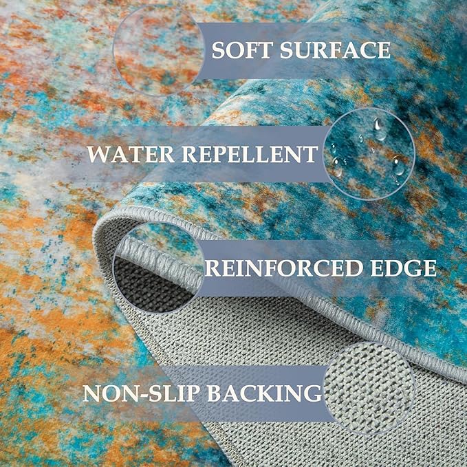 RELEANY Washable 6'x9' Abstract Area Rug for Living Room Teal Multi | Carpet for Bedroom, Kitchen, Office, Hallway and Entryway, Printed Pattern, Non‑Slip, Soft, Stain‑Resistant, Easy to Clean