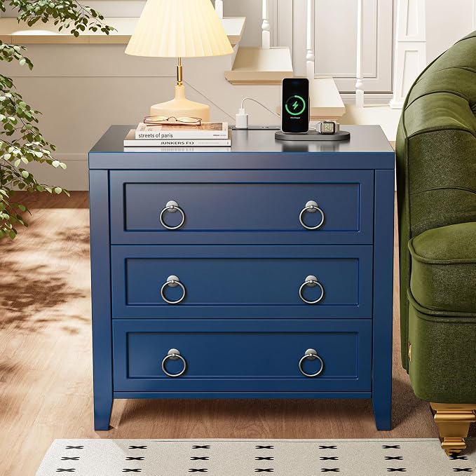 Huuger Paint Night Stand with Charger Station, 3 Drawer Nightstand Set of 2 | Larger Wider Bedside Table with USB-C Port, Modern End Table, for Bedroom, Living Room, Blue Nightstand