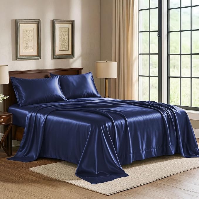 Satin Sheets Full [4-Piece, Midnight Blue] Hotel Luxury Silky Bed Sheets - Extra Soft 1800 Microfiber Sheet Set, Wrinkle, Fade, Stain Resistant - Deep Pocket Fitted Sheet, Flat Sheet, Pillow Cases