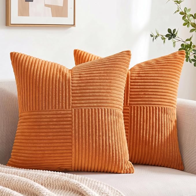 Fancy Homi 2 Packs Orange Samll Fall Decorative Throw Pillow Covers 14x14 Inch with for Couch Bed Sofa, Farmhouse Boho Home Decor, Soft Corss Patchwork Corduroy Square Cushion Case 35x35 cm