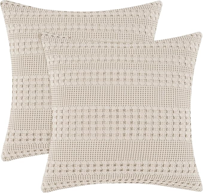 PHF 100% Cotton Waffle Weave Pillow Covers 24" x 24", 2 Pack Luxury Square Shell for Elegant Home Decor, No Filling, Luxury Aesthetic Soft Pillow Covers for Bed, Oatmeal