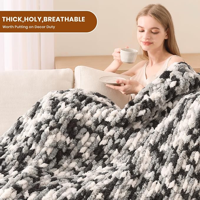 L'AGRATY Chunky Knit Throw Blanket for Couch, 50 x 60 Inches, Black White | Handmade Chenille Crochet Blanket for Sofa Bed, Thick Cable Knitted Blankets for Room Home Decor, Birthday Gift for Women Mom