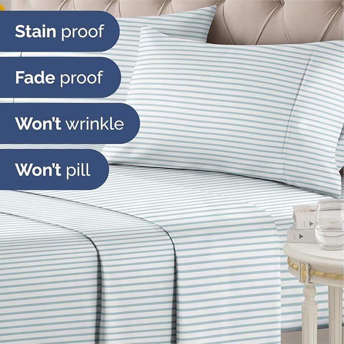 Cal King 4 Piece Striped Sheet Set - Breathable & Cooling - Ocean Stripe | 1 Flat, 1 Fitted & 2 Pillowcases w/ Deep Pockets, Luxury Striped Bedding, Soft, Breathable & Cooling, Wrinkle & Fade Free