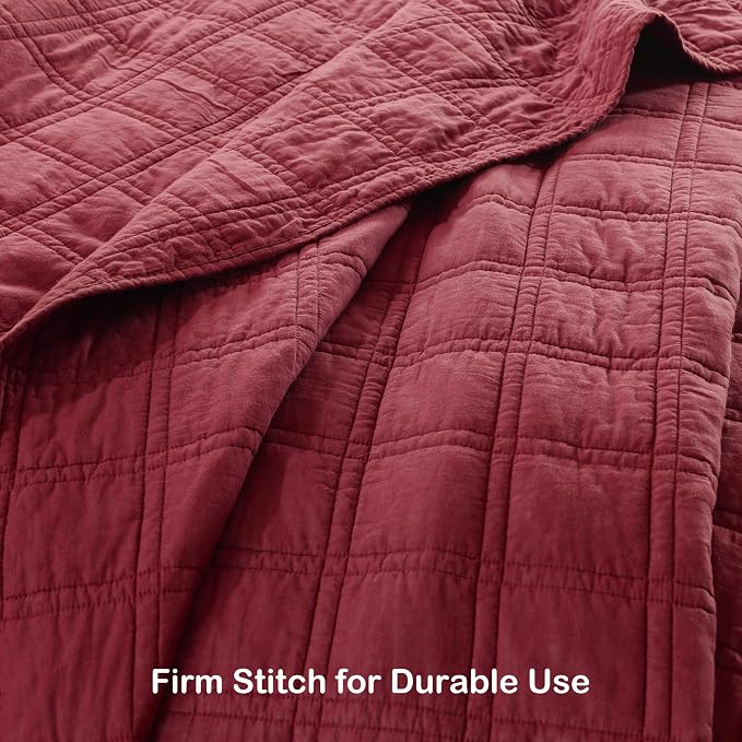 HORIMOTE HOME 100% Cotton Quilt Set Queen Size, Burgundy Pre-Washed Bedspreads Coverlet Set in Geometric Pattern, Cozy Lightweight Stitching Decorative Bedding Cover with 2 Shams for All Season